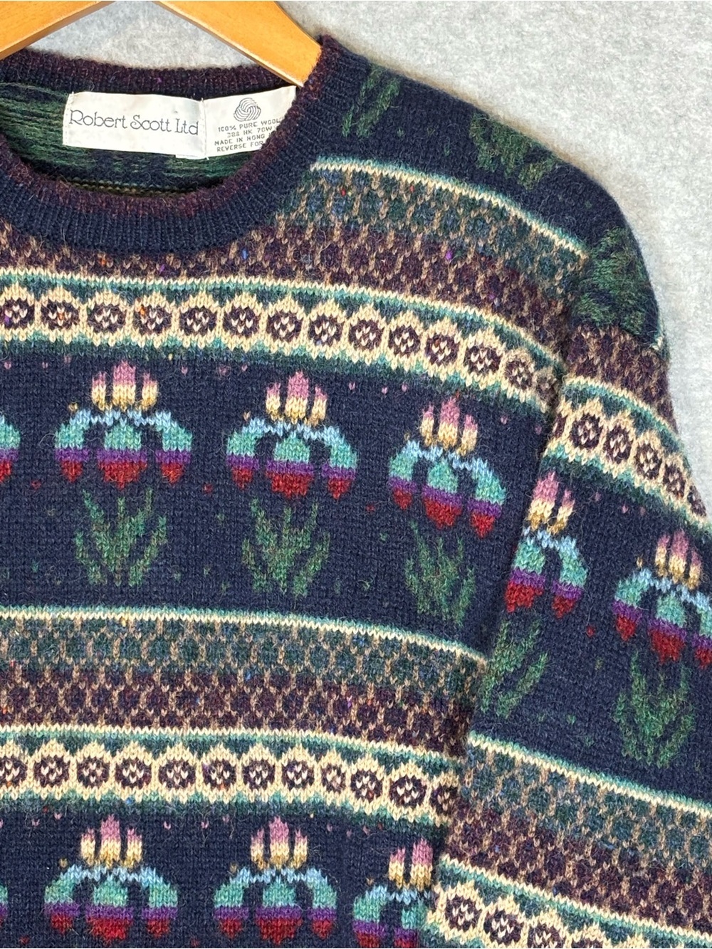 Robert Scott Vintage Geometric/Floral Fair Isle Wool Knit Sweater-Men 36/Medium